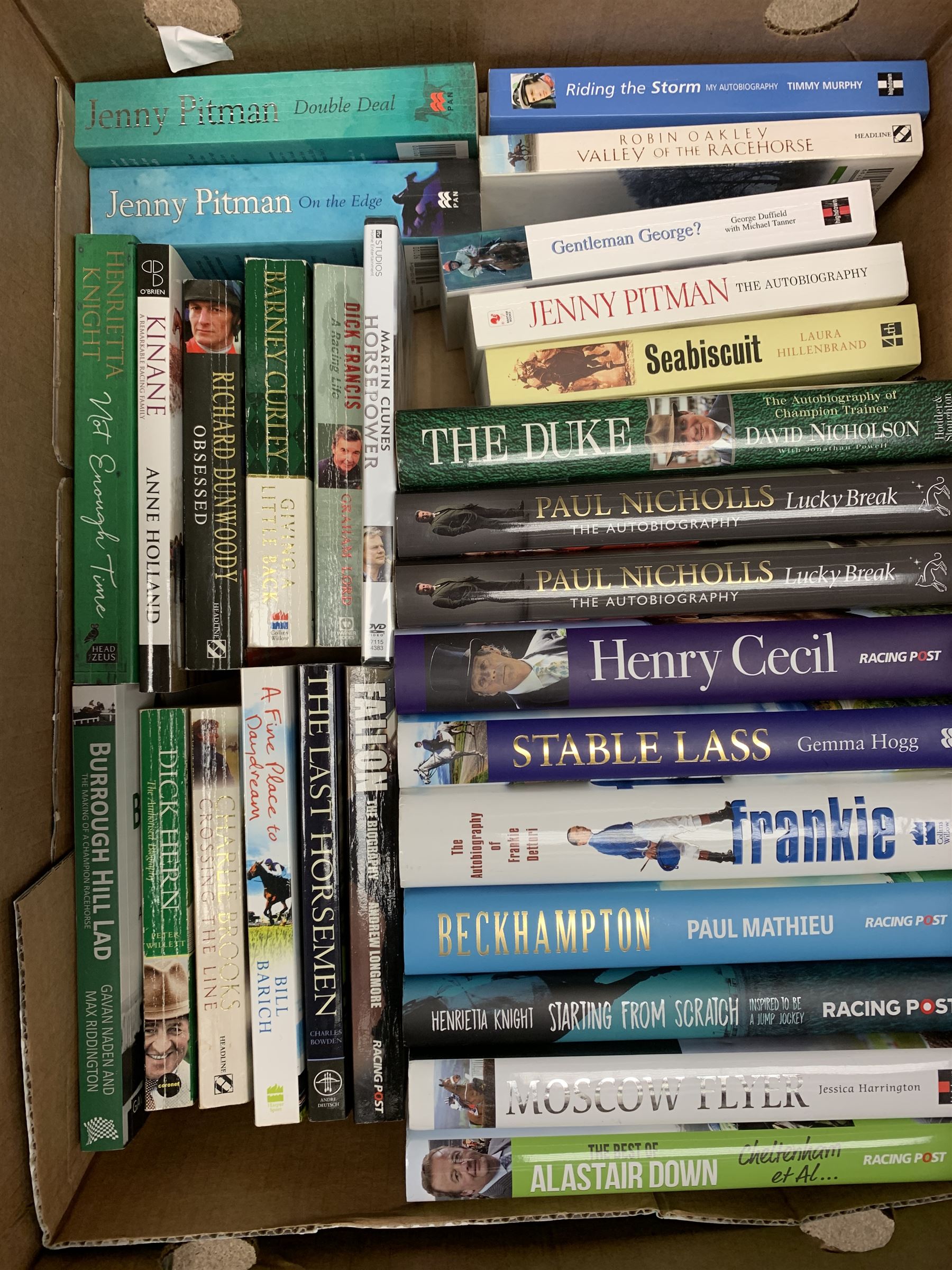 Books, mostly relating to horse racing including 'Kieren Fallon from my autobiography', 'Frankincense and More' the biography of Barry Hills,  various other similar biographies and autobiographies and a few DVDs related to horse racing, in three boxes