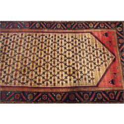 North East Persian Kurdie hand-knotted runner, camel ground with an all-over lattice of rosette motifs linked by angular vines, terminating in a stepped lozenge panel, with a madder red field, spandrels with geometric and zoomorphic devices, indigo main border of angular vines and repeating rosettes, flanked by narrow guard stripes, cotton fringe ends  