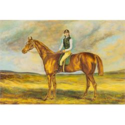 R Livingstone (English School 20th Century): Jockey on Horseback - potentially Lester Piggott, oil on wood panel signed; S Sparke (British 20th century): Roseberry Topping, pair of watercolours signed, one dated '84, and D W S (English School 20th Century): Boats Washed Up on the Beach, pair of watercolours signed with initials and dated '27, max 20cm x 45cm (5)