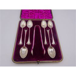 Set of six Victorian silver Onslow pattern teaspoons and matching sugar tongs, hallmarked James Dixon & Sons Ltd, Sheffield 1891, in fitted case with cerise velvet and silk lined interior, approximate silver weight 3.74 ozt (116.5 grams)