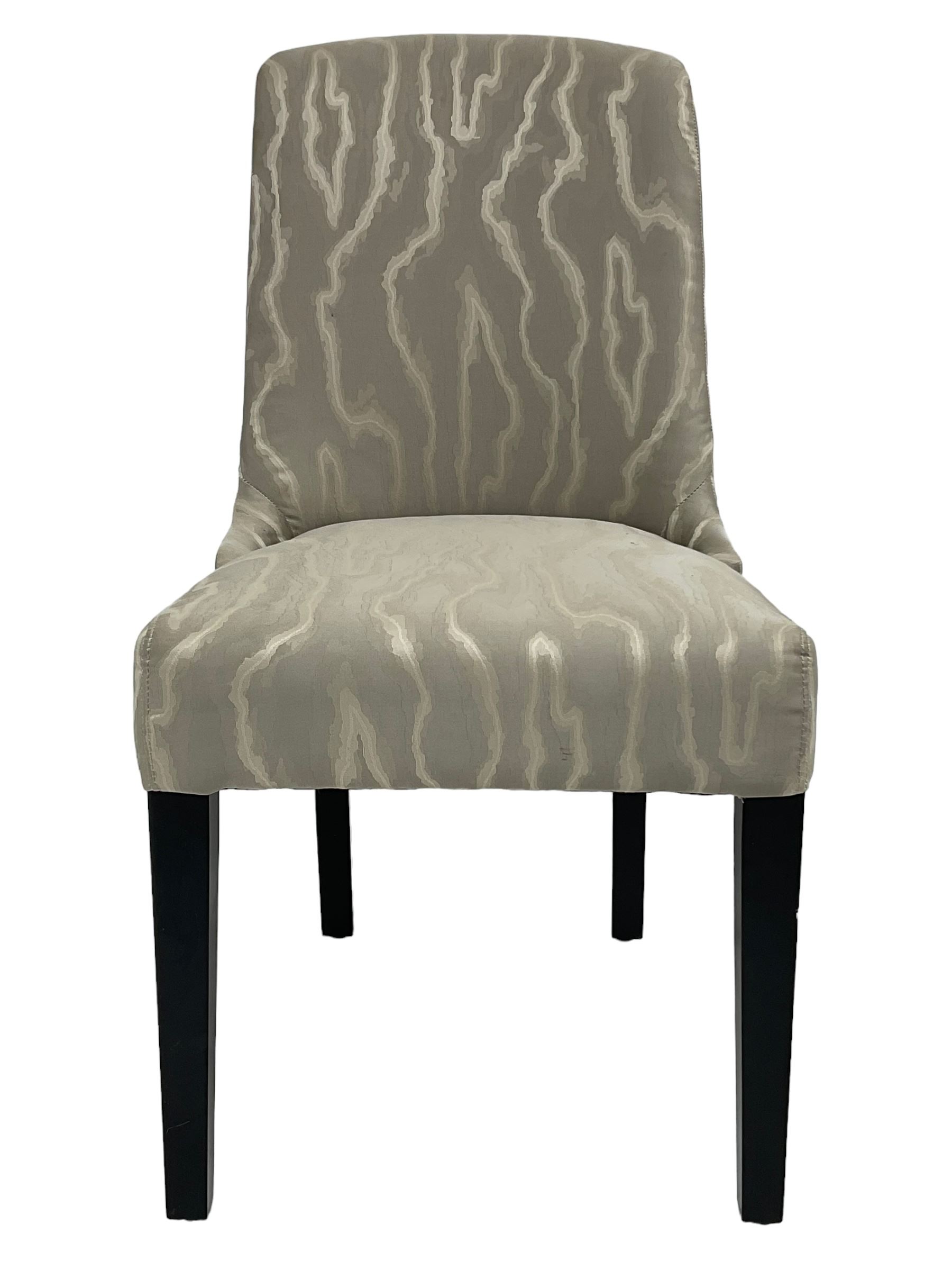 India Jane Interiors - two French design oak side chairs, moulded frame with cameo back, on turned and fluted supports; single side chair with curved back upholstered in shimmer silver fabric, on ebonised supports (3) - ex-display/bankruptcy stock 
