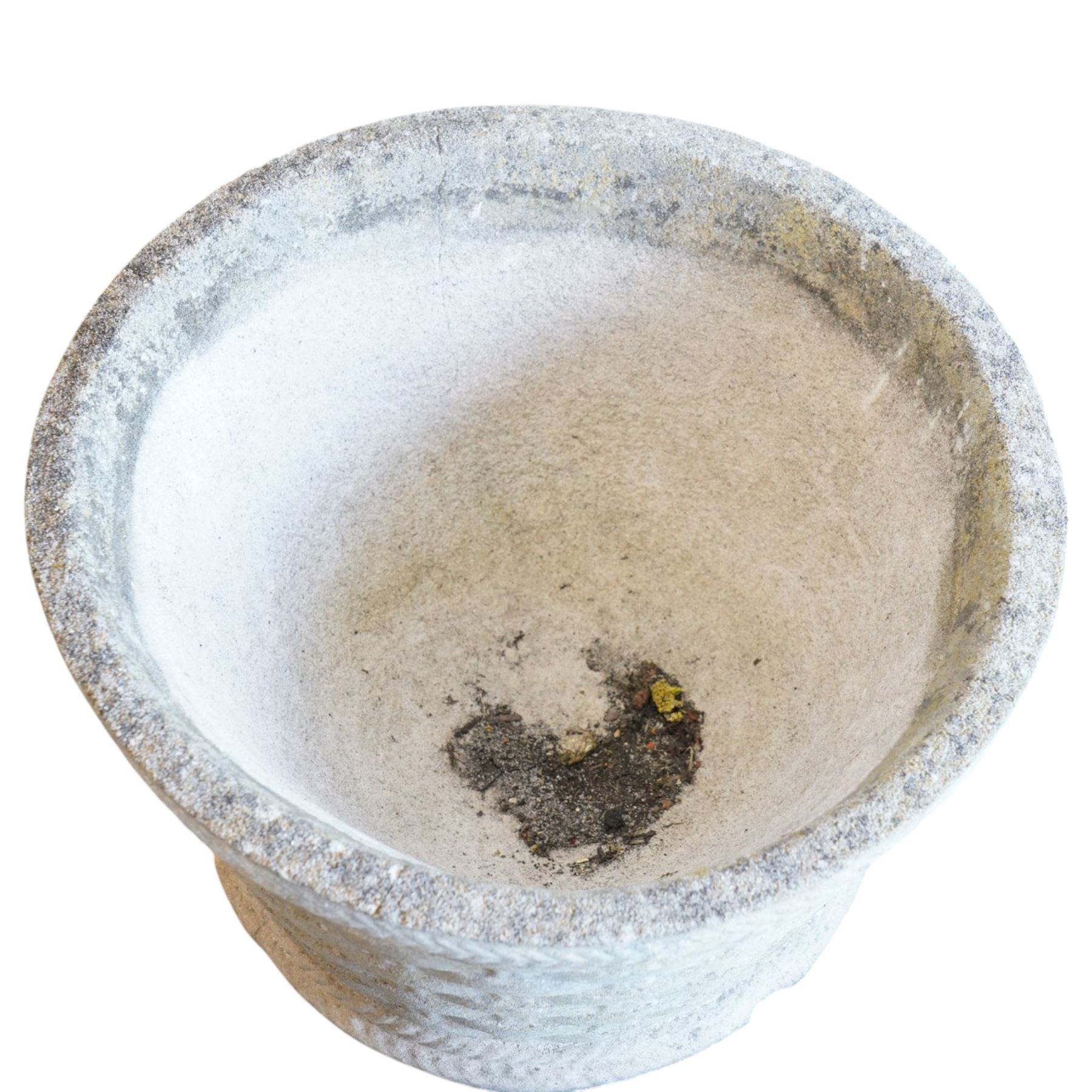 Cast stone basket weave rectangular planter, together with two circular stone planters with basket and rope design 