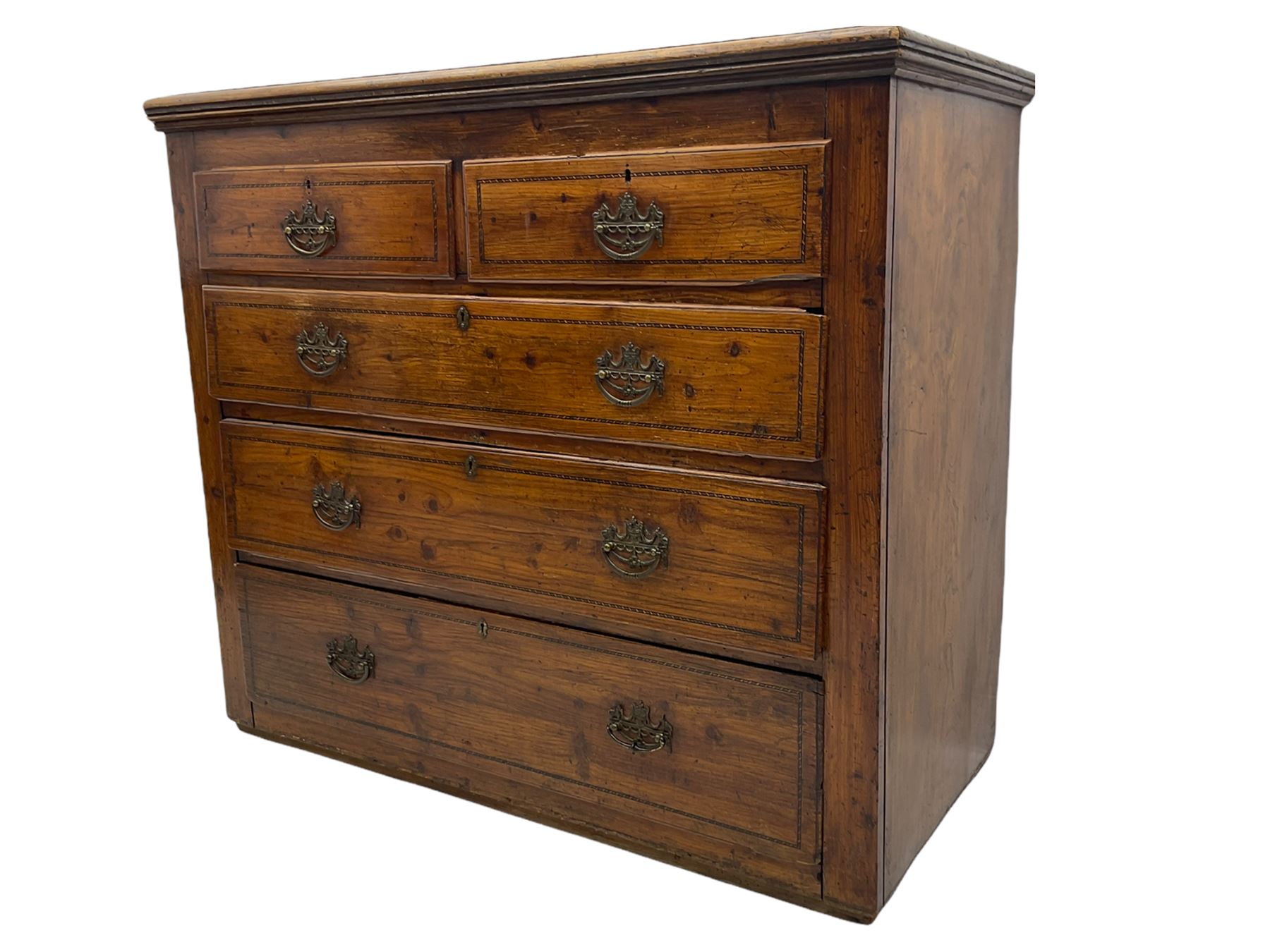 Georgian elm and pine chest, fitted with two short and three long drawers, chequered drawer bandings