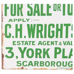 Mid 20th century enamel for sale sign, green writing on a white ground reading For Sale Or to Let Apply C.H.Rightson Estate Agent & Valuer 3 York Place Scarborough, H35cm, W46cm