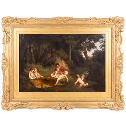 Continental School (19th Century): Cherubs near the Waters Edge, oil on canvas indistinctly signed and dated 1860, 40cm x 60cm 