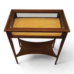 Edwardian inlaid mahogany bijouterie display table, square tapering supports inlay, orange baize lining shaped undertier