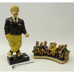  Mid 20th century Runnaford pottery group, 'Old Uncle Tom Coblet' by Will Young, depicting figures seated on settle, L28cm and a pottery advertising style figure of a golfer, H36cm   