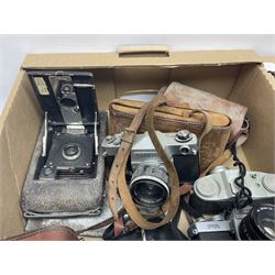 Large collection of cameras to include folding and SLR examples, including Rank Aldis, Agfa, Yashica, etc