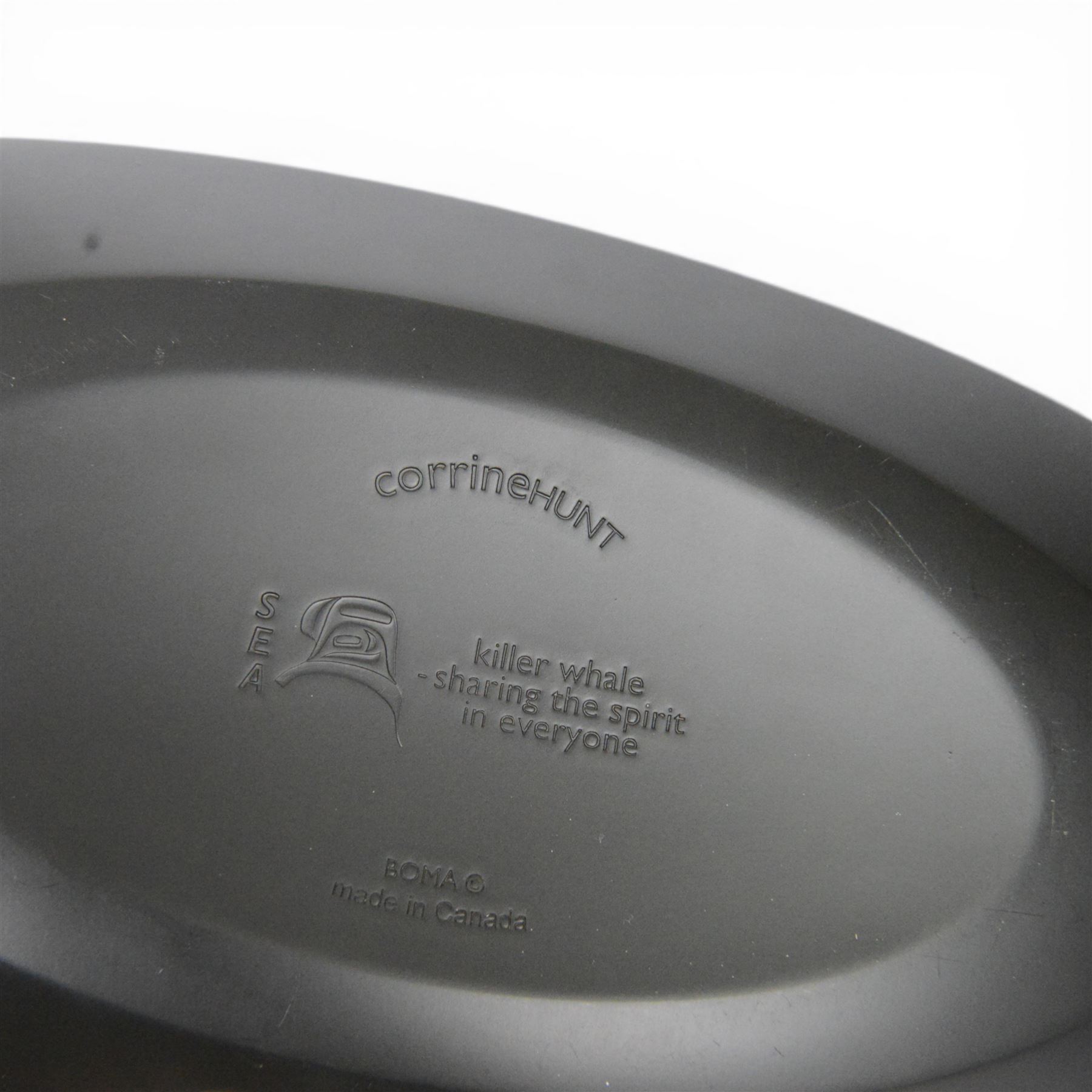 Sea to Sky recycled black glass platter by Corrine Hunt, together with  blue striped platter by Jane Charles and long blue banded bowl