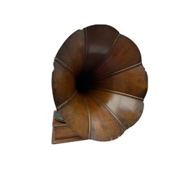 Early 20th century oak cased gramophone, the motor marked 'Garrard No.20 REF No.1030', with ribbed oak horn, base 30cm square; with one 78rpm record and Columbia tin of needles