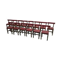 Set fifteen early 20th century oak school chairs, back rail and seat upholstered in claret red faux leather with studwork, raised on square supports united by H-stretcher (15)