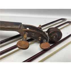 Incomplete amateur made violin c1880 for restoration and completion with 36.5cm one-piece maple back and ribs and spruce top L59.5cm; together with two brazilwood violin bows and pernambuco cello bow, all with nickel mounts (4)