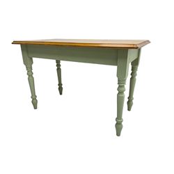 Small pine dining table, polished rectangular top on turned supports in pale laurel green finish