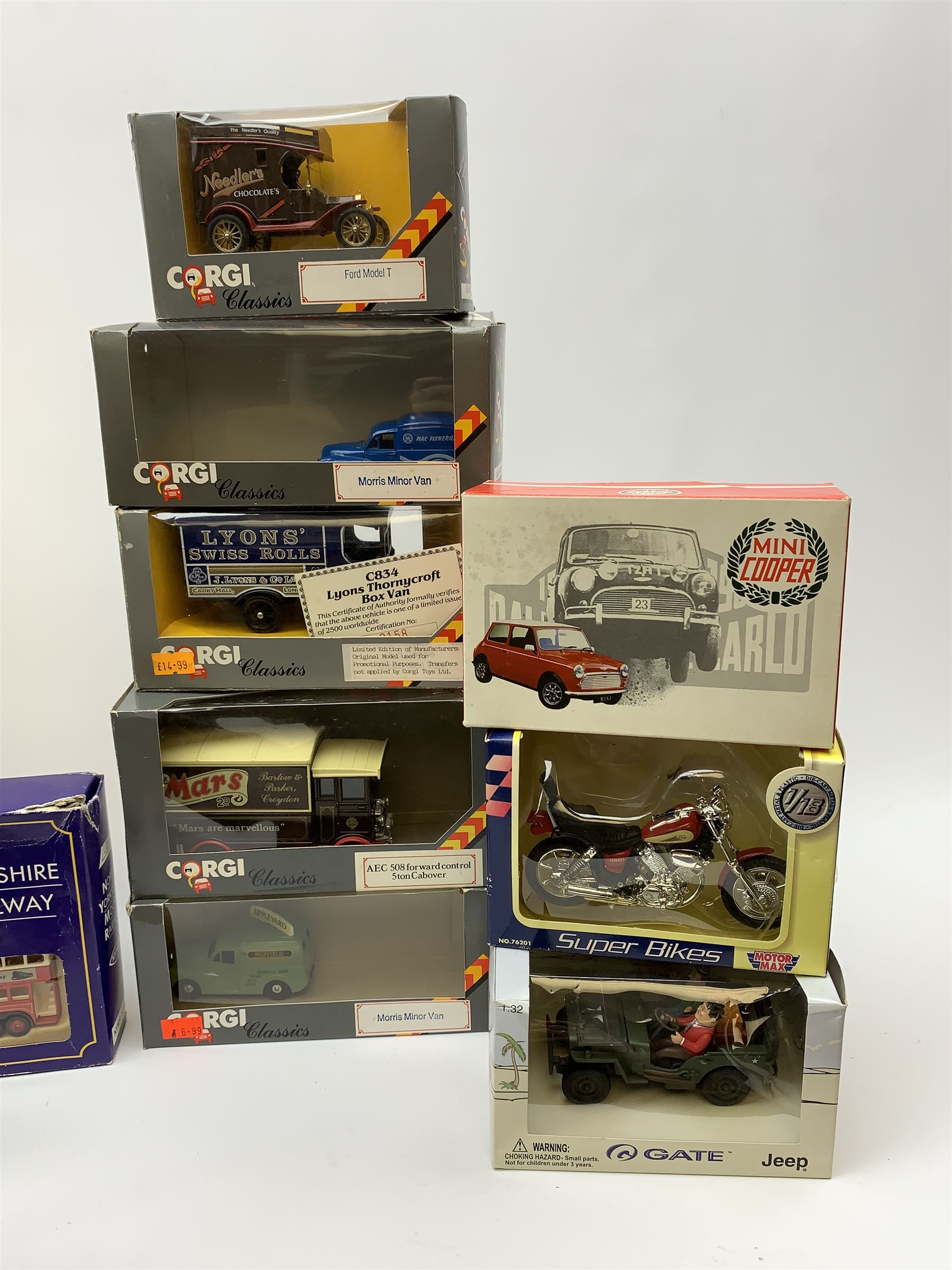 Various makers - twenty commemorative and promotional die-cast models including Corgi 50th Anniversary of the Battle of Britain and Italian Job Set, Lledo RAF personnel Transport Set, 50th Anniversary of Pearl Harbour Set, Home Front Collection, NYMR Set etc, Gate Laurel & Hardy Jeep, four Vanguards commercial vehicles etc; all boxed
