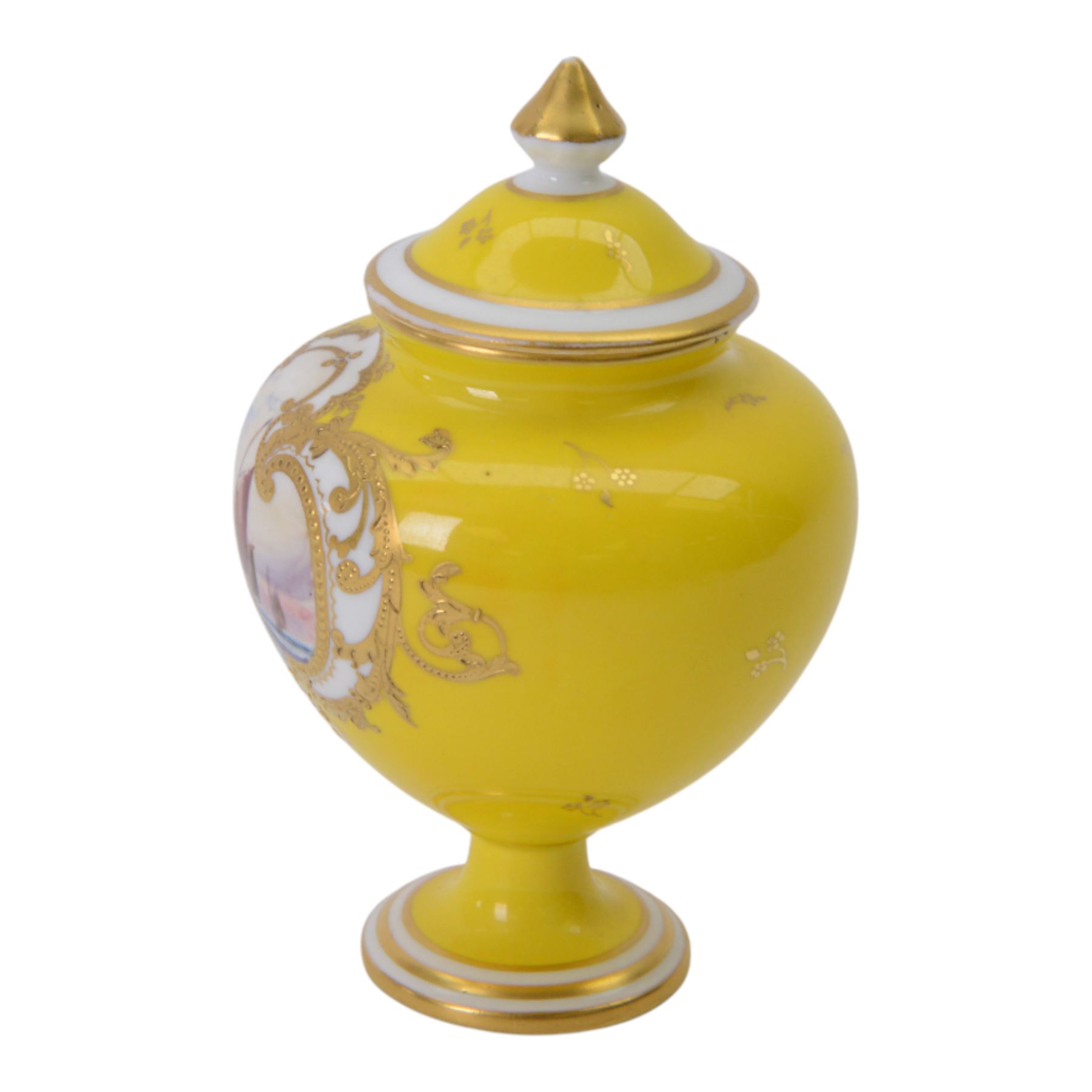 Royal Crown Derby miniature vase and cover, painted with shipping scene on yellow ground, with printed mark beneath, H12cm