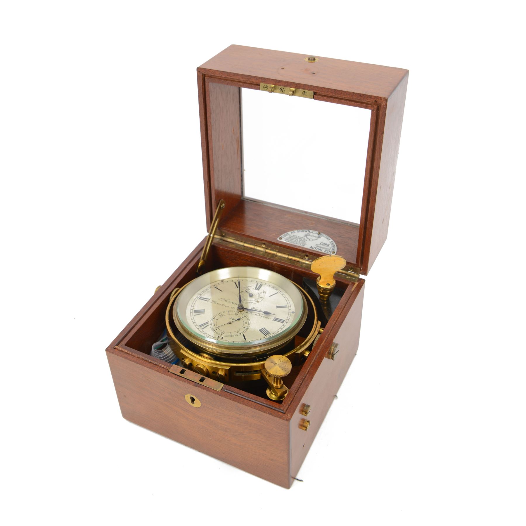 Two-day marine chronometer no. 10619, with silvered dial inscribed Thomas Mercer Ltd London & St Albans, contained within a brass gimbal-mounted bowl and glazed mahogany case, with brass winding key, dial D12cm, wooden case H17.5cm