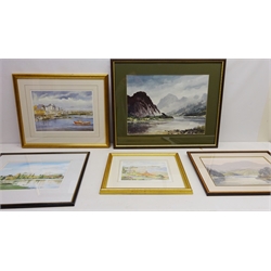  Rural River Scenes, two 20th century watercolours signed by E. Grieg Hall, 'South Bay, Scarboro', ltd.ed print signed by John Wood, 'Bridlington - Yorkshire', ltd.ed print signed by Ken W Burton and one other watercolour signed by A Michelle Cooper max 36cm x 48cm (5)  