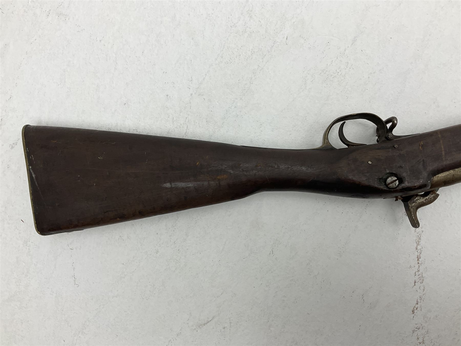 20th century Indian percussion military musket, approximately 20-bore, the 96.5cm barrel with three bands, the steel lock-plate marked 1862 Enfield, walnut full stock with brass fittings and under barrel ramrod channel L140.5cm overall
