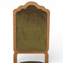 20th century set of eight dining chairs, high back form with shaped and scalloped back rails enclosing upholstered panels, matching upholstered seats, on square legs with shaped apron stretchers