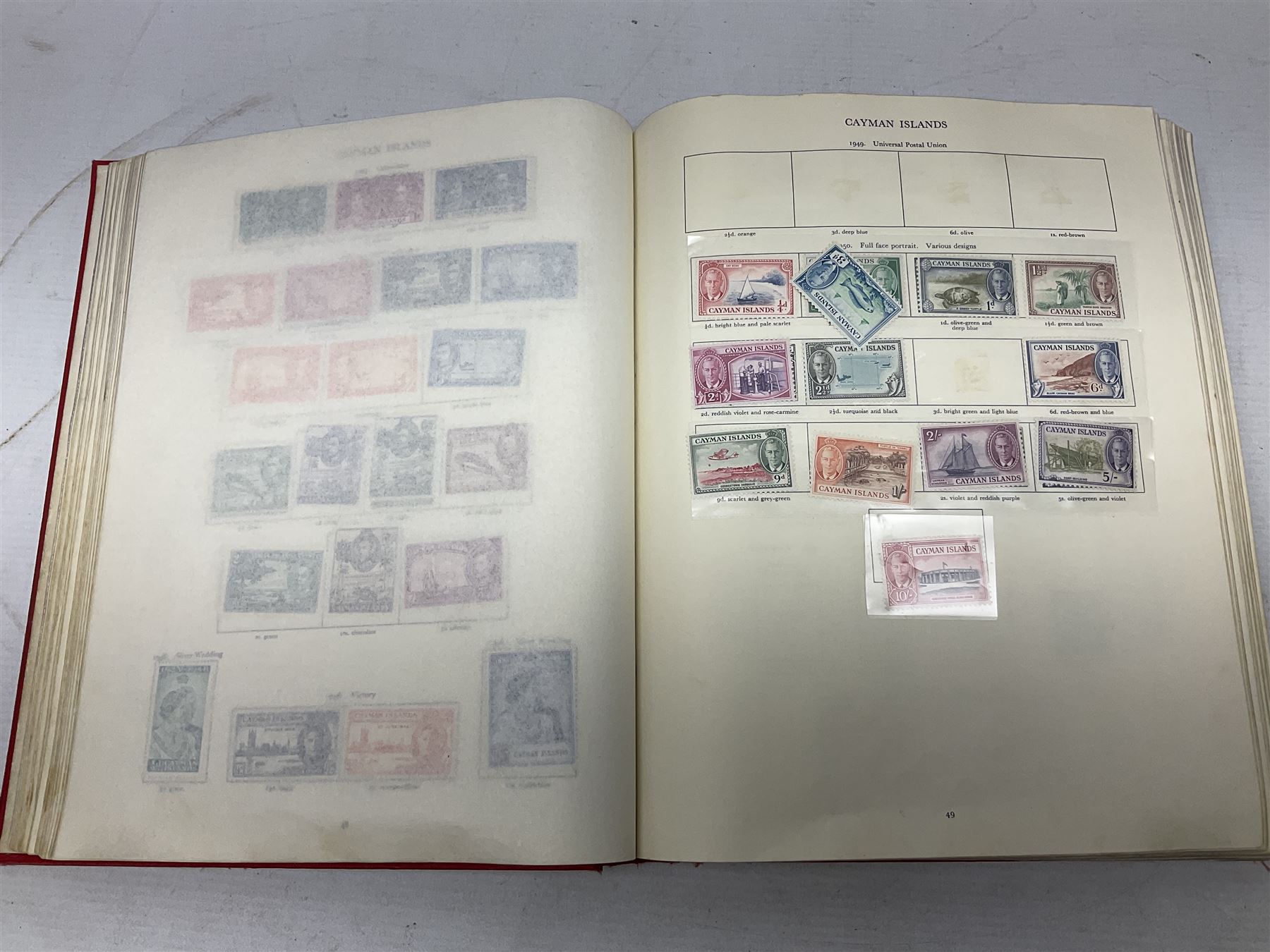 Single album collection of King George VI stamps, including Aden, Antigua, Ascension, Australia, Bahamas, Bahrain, Barbados, Basutoland, Bechuanaland, Bermuda, British Solomon Islands, Brunei, Burma, Cayman Islands, Dominica, Falkland Islands, Gambia, Gilbert and Ellice Islands, Gold Coast, Great Britain 1939-48 set to one pound including ten shilling dark blue, Grenada, Hong Kong, India, Ireland, Jamaica, Leeward Islands, Malta, Mauritius, New Zealand etc