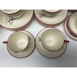 Crown Devon Stockholm patterned tea and dinner wares, to include, five teacups and saucers, milk jug, open sucrier, six dessert plates, six side plates, six dinner plates, serving platter, etc (42)