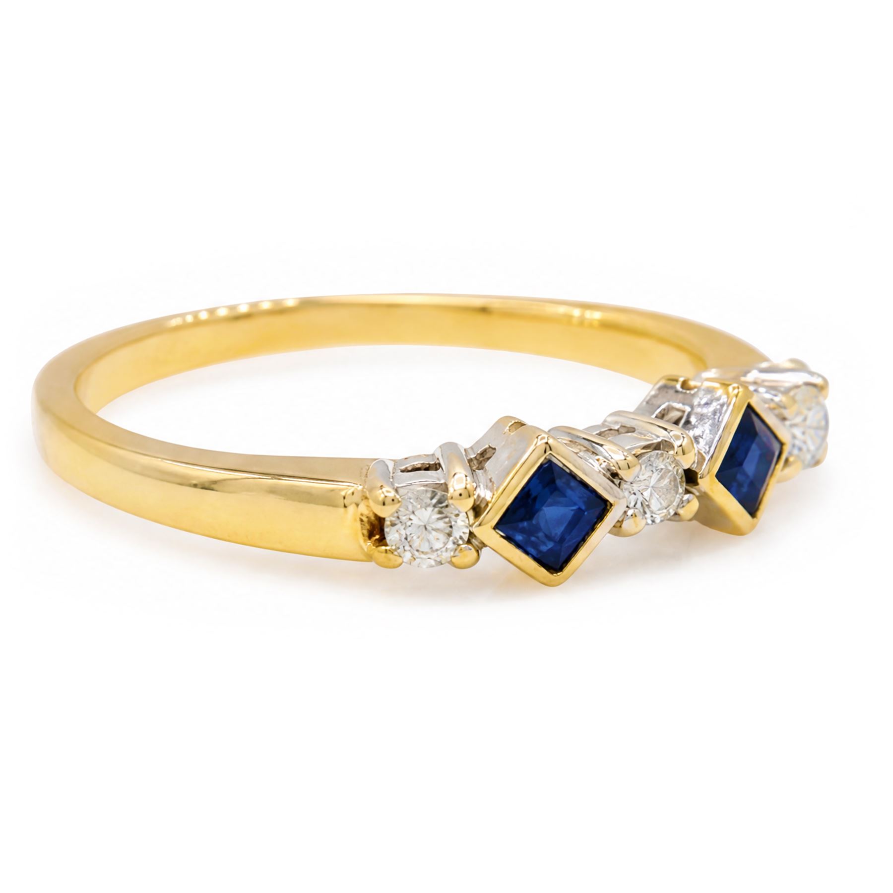 9ct gold sapphire and diamond ring, two square cut sapphires spaced by three round brilliant cut diamonds, hallmarked, total diamond weight approx 0.20 carat