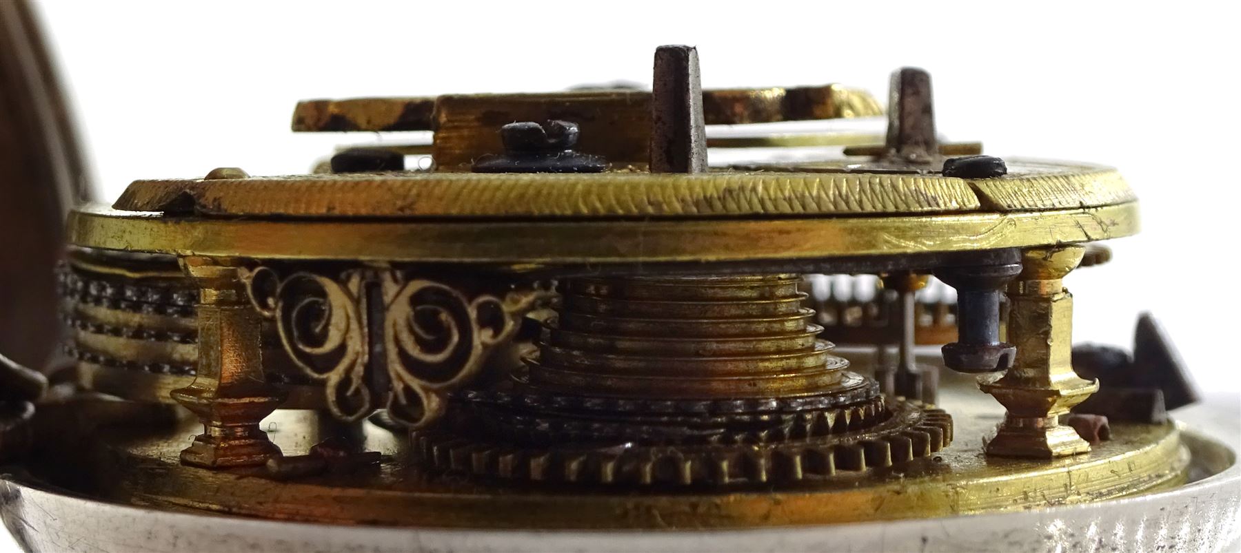 18th century silver pair cased verge fusee pocket watch for the Turkish market by Markwick Markham (London ca.1725-1805), square baluster pillars, pierced and engraved balance cock, white enamel dial with Turkish numerals