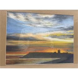 F Rooke (Contemporary): Scarborough North Bay at Sunset, pastel signed, together with another similar, max 28cm x 38cm (2)