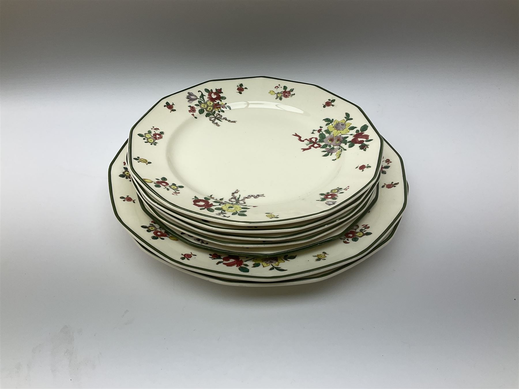Royal Doulton part dinner service in Old Leeds Sprays pattern,  to include cheese dome, teapot and stand, egg cups etc, together with a selection of floral doilies.  