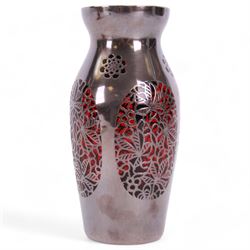 20th century, Jean Beck and Friedrich Deusch, ruby red glass vase, decorated in silver overlay with panels of foliage detail, H15cm