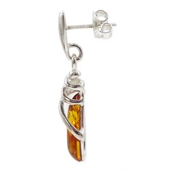 Pair of silver Baltic amber pear shaped pendant earrings, stamped 925 