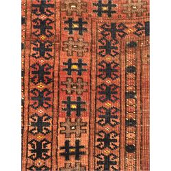 Turkish Kilim ground rug, the field with alternating horizontal bands of geometric patterns, bordered by repeating diamond motifs (145cm x 242cm); Turkish red ground rug, the field with three octagonal medallions (113cm x 172cm) (2)