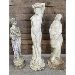 Four cast stone maiden figures, small bird bath and planter