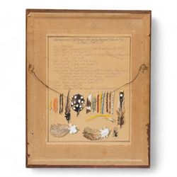'Stages in the Dressing of a Jock Scott', a framed study showing the tying of a Jock Scott, circa 1980-81, the reverse hand-painted with the materials of the fly with handwritten instructions, the display was retailed by Dermot Wilson, Nether Wallop Mill and features as 'A new find' in their 1981 Farewell edition of A Choice of Tackle, Wilson retired in September 1981. The studies were created by a craftsman and his wife, the couple are not named and it's unknown how many others were produced, 37cm x 29cm overall