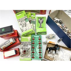 Fifty modern lead figures of mounted and foot soldiers, various period uniforms from 18th century to WW2, painted and unfinished with related paperwork; small quantity of Hornby '00' gauge model railway items and track; and four boxed Subbuteo teams etc