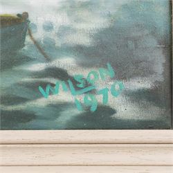 RA Wilson (British Mid-20th century): 'Whitby Harbour from Sandgate', oil on canvas signed and dated 1970, titled on label verso 75cm x 70cm