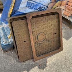 Two cast iron manhole drain covers with surrounds, 77cm x 61cm and 68cm x 55cm overall - THIS LOT IS TO BE VIEWED AND COLLECTED BY APPOINTMENT FROM THE CAYLEY ARMS, HIGH STREET, BROMPTON-BY-SAWDON, YO13 9DA