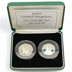 Six The Royal Mint United Kingdom silver proof coins or sets, comprising 1986 'XIII Commonwealth Games', 1997 two pounds, 1997 fifty pence two-coin set, 1997-1998 two pound two-coin set, 2005 '400th Anniversary of the Gunpowder Plot' fifty pence and 2020 'Withdrawal from the European Union' fifty pence, all cased with certificates