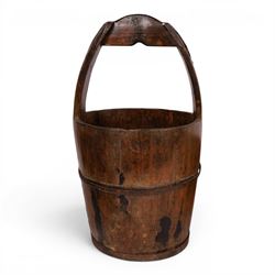 Chinese wooden well bucket, together with a carved wooden bowl, bucket H62cm