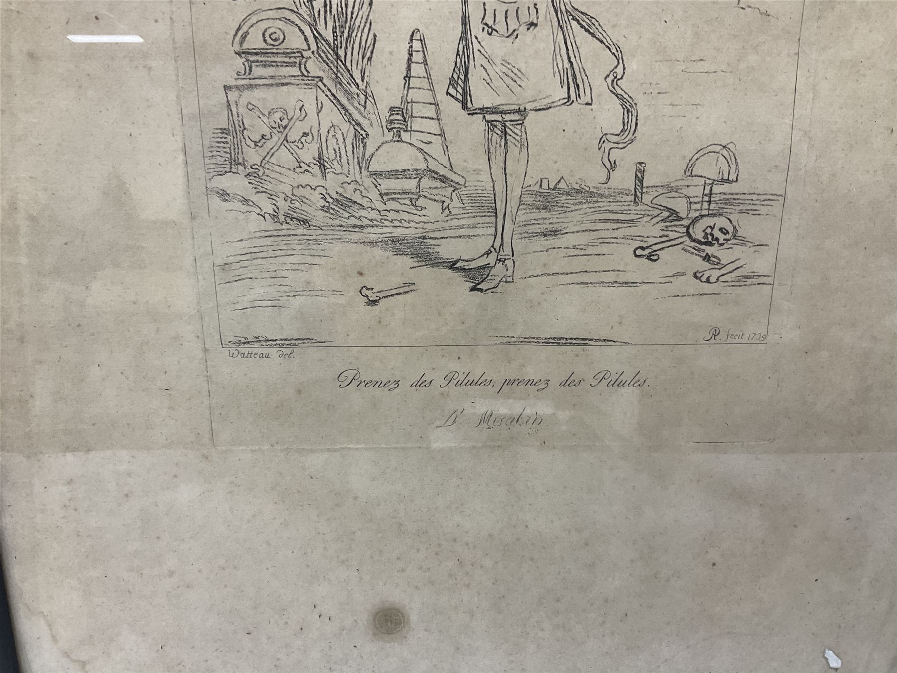 Arthur Pond (British 1701-1758) after Jean-Antoine Watteau (French 1684-1721): 'Prenez des Pilules' - Portrait of the quack doctor John Misaubin (Jean de Misaubin); Arthur Pond after Pier Leone Ghezzi (Italian 1674-1755): Caricature of William Conolly MP, pair 18th etchings (2)