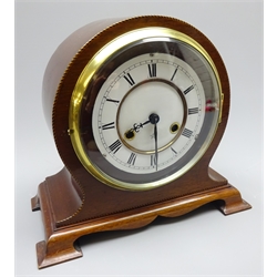  Edwardian mahogany mantel Clock, balloon shaped case outlined with banding, brass bezel with circular Roman dial, twin train movement striking the half hours on a coil, H26cm  