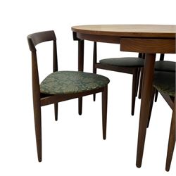 Hans Olsen for Frem Røjle - mid-20th century Danish teak 'Roundette' dining set, comprising a circular dining table raised on four tapering supports, paired with four matching chairs, each with a triangular seat upholstered in floral patterned fabric and raised on three tapering supports