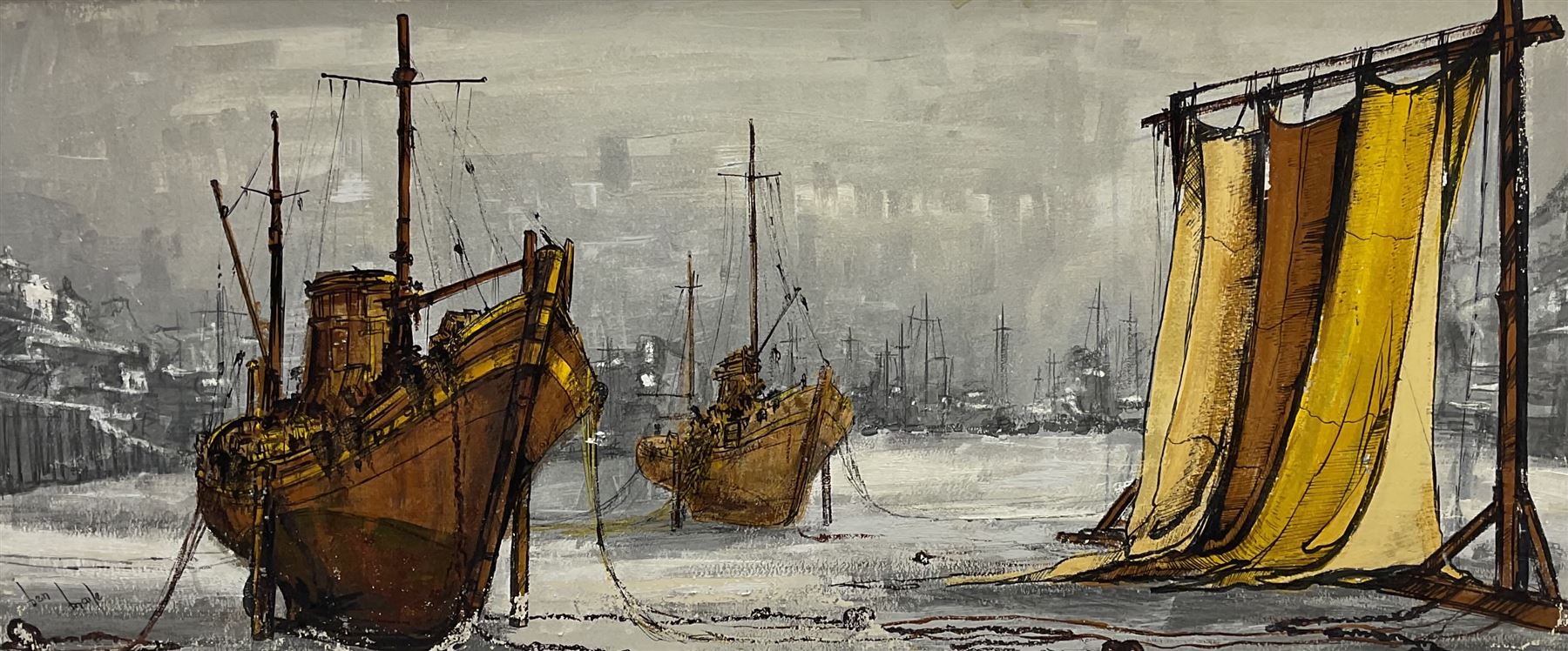 Ben Maile (British 1922-2017): Beached Fishing Boats, oil on board signed 42cm x 98cm