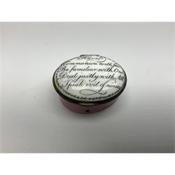 Late 18th century Staffordshire enamel patch box, of oval form with pink base, the hinged cover inscribed 'Have Communion with few, Be familiar with One, Deal justly with All, Speak evil of none' upon a white ground, opening to reveal mirror beneath, W4cm