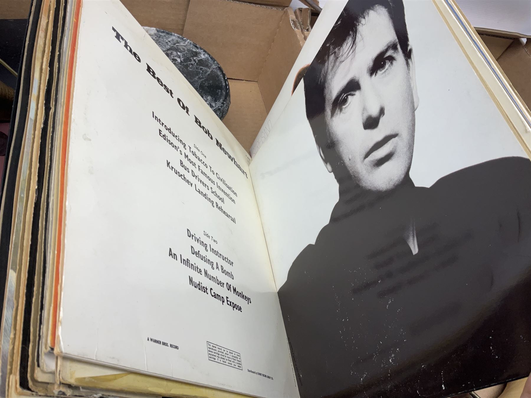 20th century Postilion brass and agate carriage clock with bevelled glass panel, H13cm, Peugeot Freres coffee grinder, silver-plate, figures, quantity of vinyl records, four The Works of William Shakespeare pub Odhams Press, brass lamp etc in three boxes