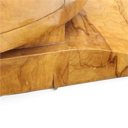 Art Deco figured walnut cocktail cabinet, demi-lune top above mirrored open compartment supported by chrome column, enclosed cupboard below with curved door, on shaped plinth base