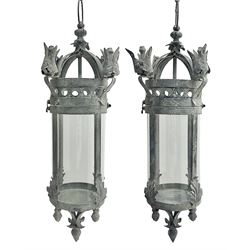 Pair of glass and metal pendant lights, of cylindrical form, decorated with rosebuds and foliage, H54cm 