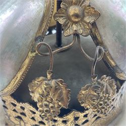 Victorian evening dinner bell, with three mother of pearl shells, floral and grape gilt decoration, and bird finial, raised upon a circular soapstone base with gilt pierced gallery, H14cm