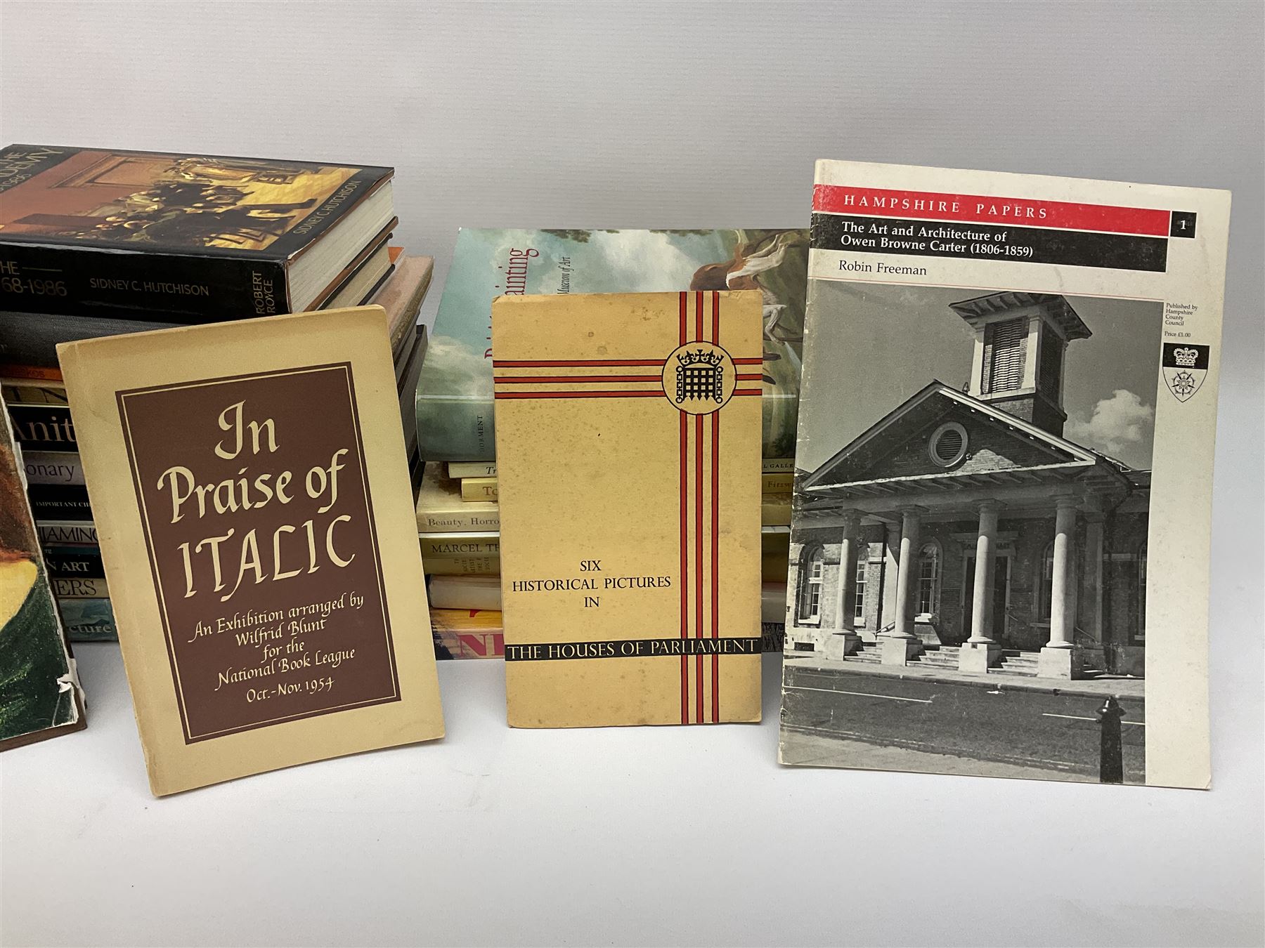 Large collection of fine art and antique reference books, to include Gordon Fleming, The Young Whistler; Sidney C. Hutchison, The History of the Royal Academy, Edward Yardley, The Life and Career of Frank Henry Mason R.B.A., R.I., R.S.M.A. 1975-1965; Brenda Roberts, The Collectors Encyclopaedia of Hull Pottery; Marcel Thomas, The Golden Age Manuscript Painting at the Time of Jean, Duc de Berry; Lindsay Errington, Tribute to Wilkie, etc. 