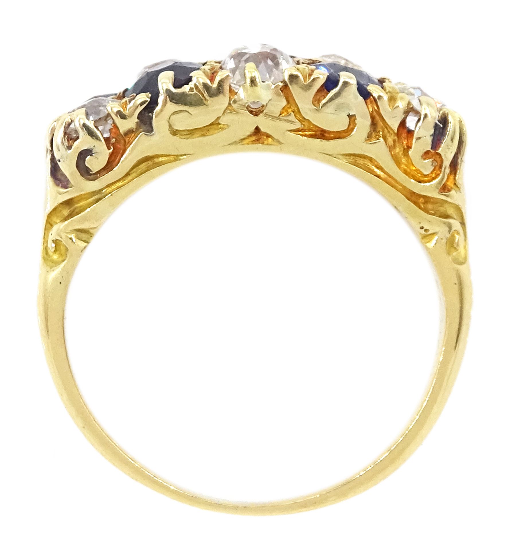 Victorian 18ct gold two row diamond and sapphire ring, alternating circular and oval mixed cut sapphires and old cut diamonds, total diamond weight approx 0.75 carat
